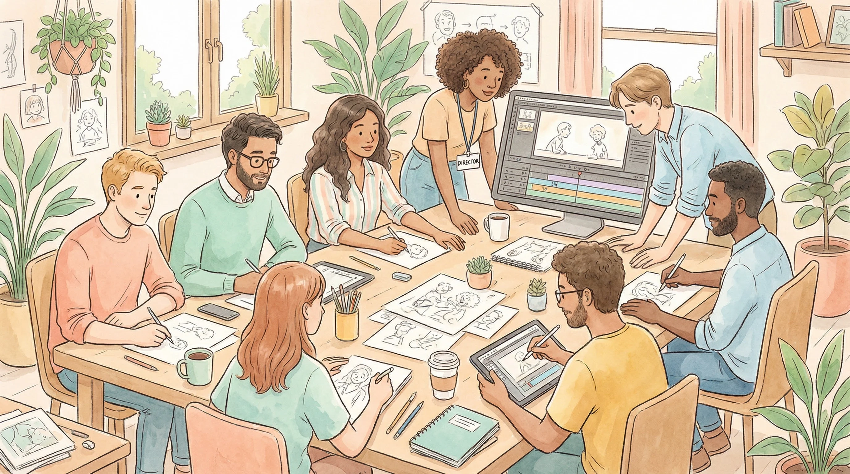毛巾哥创作团队工作场景插画 - 多元化动画创作团队协作