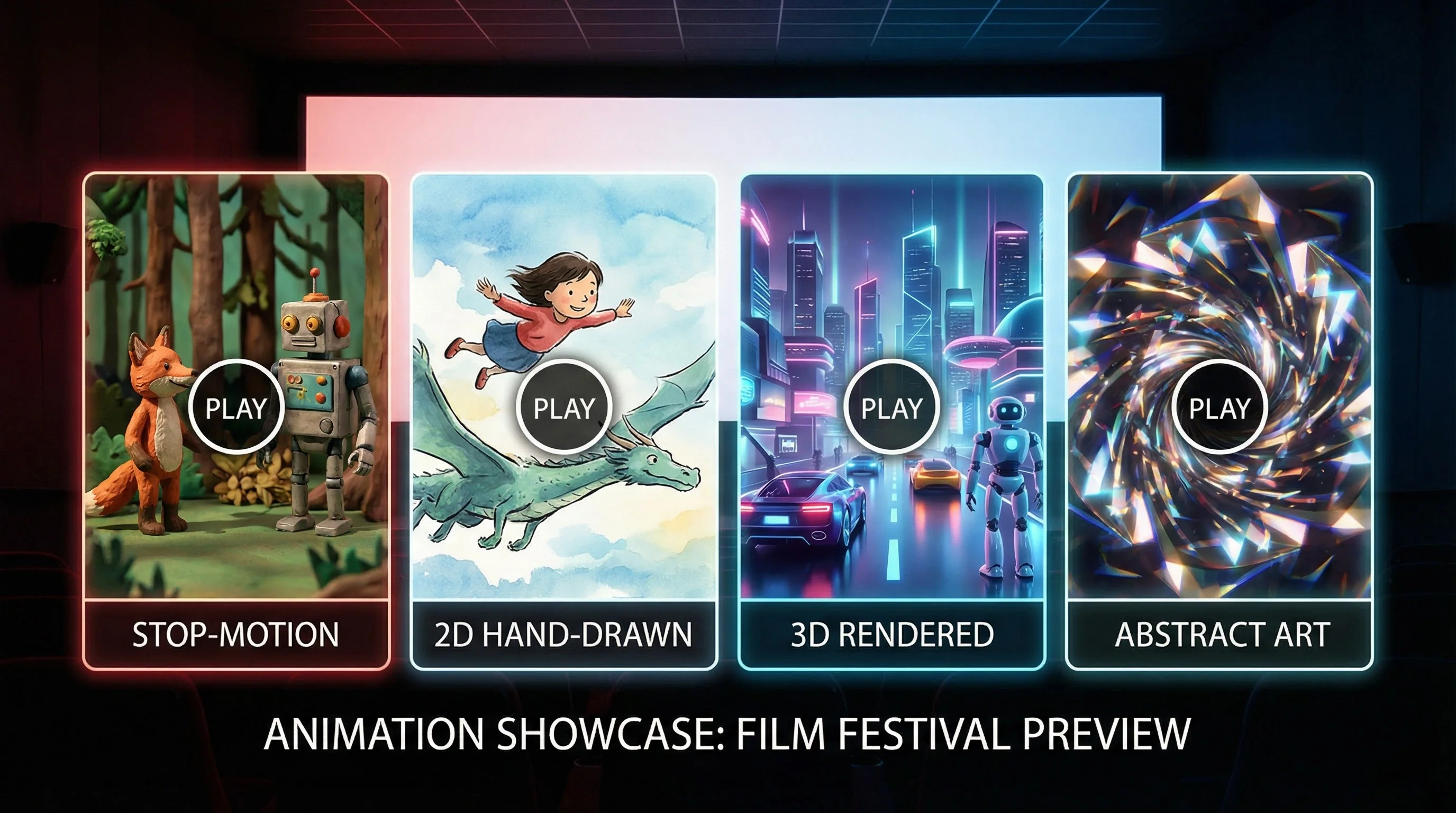 毛巾哥动画预告片合集横幅 - 定格动画、2D手绘、3D渲染、抽象艺术四种风格预览